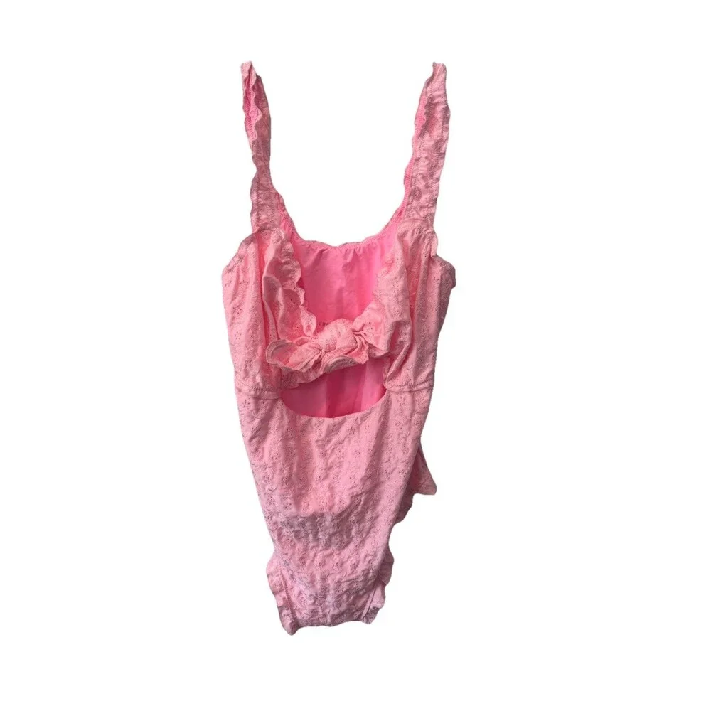 Frankies Bikinis Lucia Eyelet Ruffle Bow One Piece Swimsuit Pink Plus Size 2XL